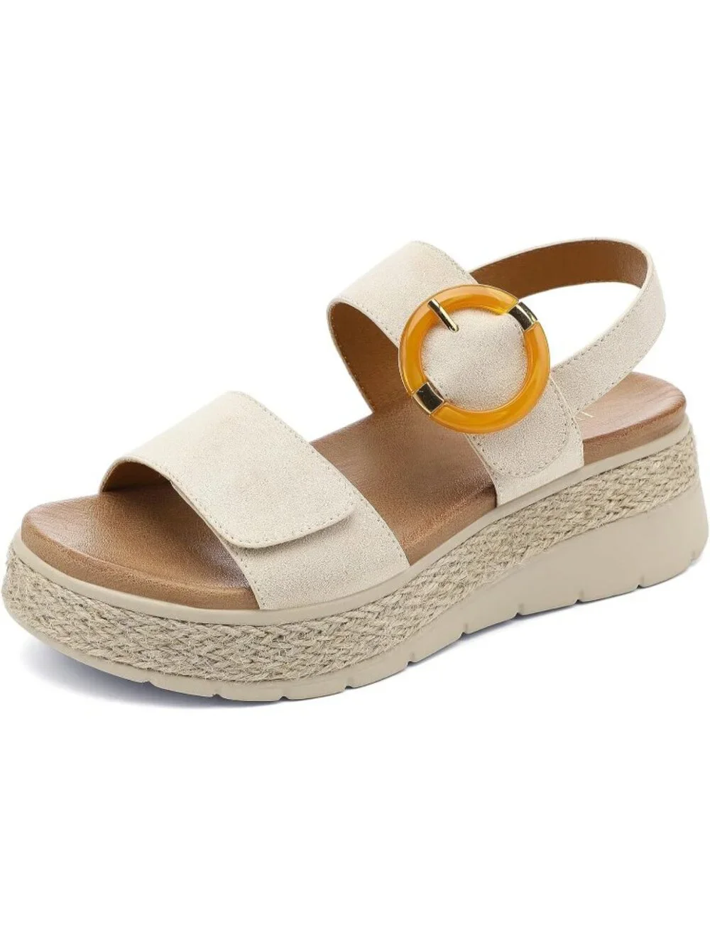 Women's Beige Comfortable Solid Espadrille Low Wedge Heel Platform Sandal Shoes